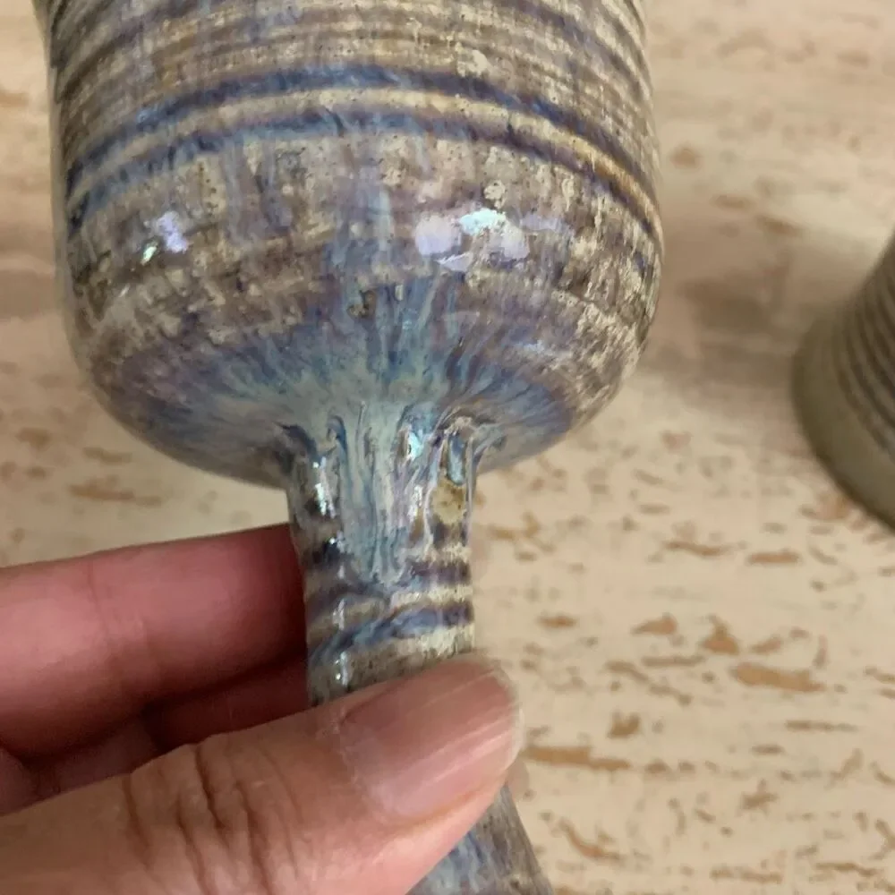 Set of two pottery goblets with purple & blue  drippy glaze.